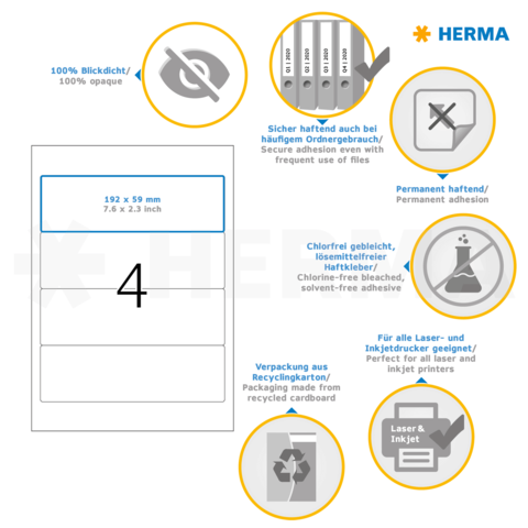 Selbstklebende Etiketten von HERMA, 192 x 59 mm, geeignet für Laser- und Inkjetdrucker, umweltfreundlich und permanent haftend.