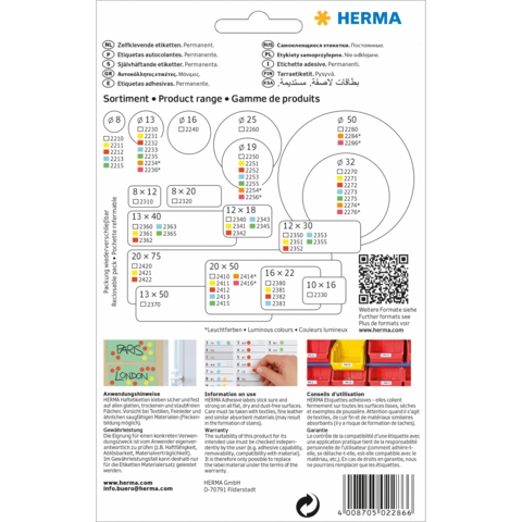 Produktübersicht mit verschiedenen Etikettenformaten und Anwendungshinweisen von HERMA. Enthält Farbcodes und QR-Code für weitere Informationen.
