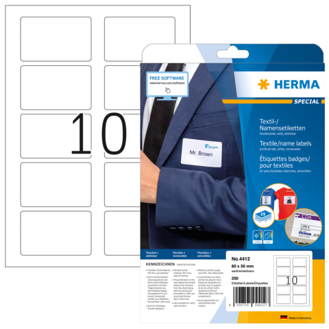 Textil- und Namensetiketten von Herma, Packung mit 250 Etiketten, Größe 40 x 60 mm, mit Beispiel für ein Etikett.