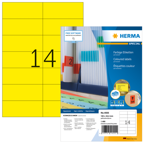 Gelbe Etiketten mit der Nummer 14, verpackt in einer Herma-Spezialverpackung, die Informationen zu den Etiketten enthält.