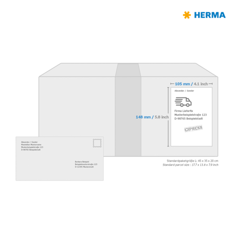 Versandkarton mit Abmessungen und Adressfeld, daneben eine Postkarte mit Standardgröße. Beide Elemente sind schematisch dargestellt.