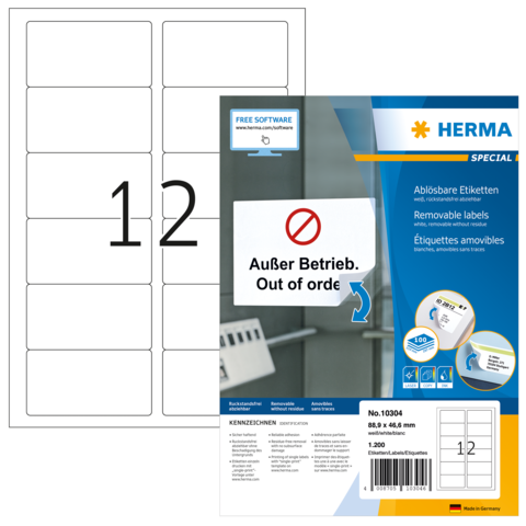 Blatt mit ablösbaren Etiketten, beschriftet mit "Außer Betrieb" und der Nummer 12. Verpackung von HERMA, enthält 1300 Etiketten.