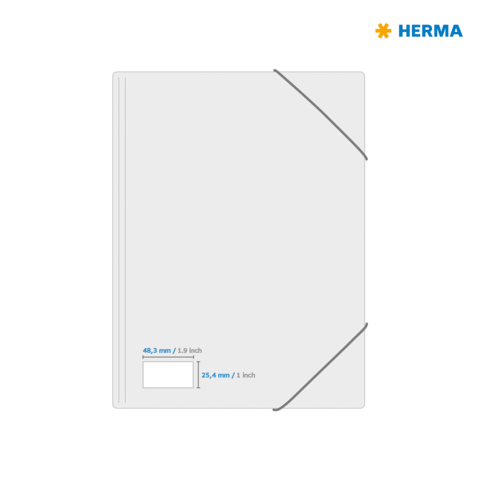 Ein weißer Ordner mit Gummibandverschluss, Maße und Platz für ein Etikett in der unteren linken Ecke. Marke: HERMA.