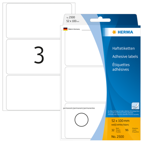 Haftetiketten von HERMA, Größe 52 x 100 mm, mit der Nummer 2500. Verpackung zeigt drei leere Etiketten und eine Beschreibung.