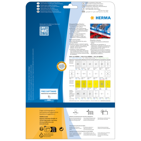 Rückseite einer Verpackung mit Informationen zu HERMA Produkten, QR-Code und Hinweisen zu kostenloser Software.