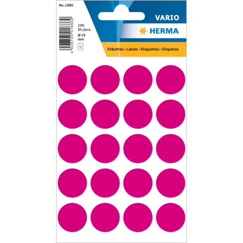 Packung mit 100 pinken runden Etiketten, Durchmesser 19 mm, auf einer Karte mit Aufhängeloch.