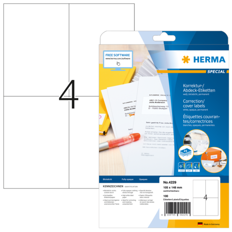 Korrektur- und Abdecketiketten von Herma, Packung mit 100 Etiketten, Größe 105 x 148 mm, inklusive Softwarehinweis.
