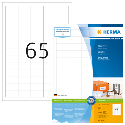 Etikettenblatt mit der Nummer 65, das eine Vorlage für Etiketten zeigt, sowie Informationen zu den Abmessungen und der Marke Herma.