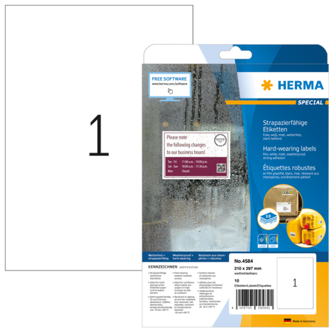 Etikettenpackung von Herma mit strapazierfähigen Etiketten, Größe 210 x 297 mm, inklusive Hinweis zu Änderungen der Geschäftszeiten.