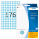Blaues Etikettenblatt mit 32 runden Haftetiketten, Durchmesser 8 mm, verpackt in einer transparenten Hülle.