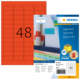 Rote Etiketten auf einem Bogen mit der Nummer 48, verpackt von Herma, mit Informationen zu farbigen Etiketten und Anwendungshinweisen.