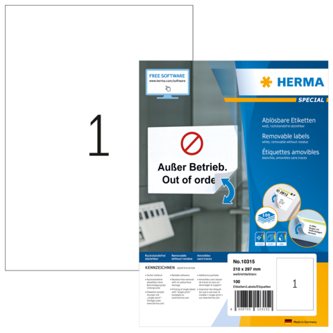 Ein Blatt mit der Nummer 1 und eine Verpackung für ablösbare Etiketten von Herma, die den Hinweis "Außer Betrieb" enthält.
