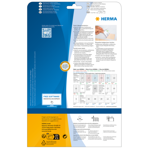 Rückseite einer Verpackung mit Informationen zu HERMA-Etiketten, einschließlich Anweisungen, QR-Code und Software-Hinweis.