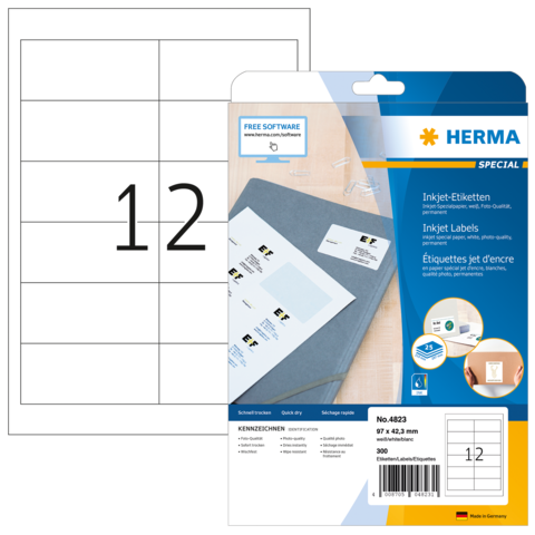 Blatt mit leeren Etiketten und Verpackung für HERMA Inkjet-Etiketten, Größe 97 x 42,3 mm, mit der Nummer 12.