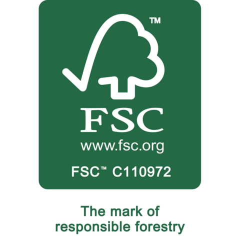 FSC-Logo für verantwortungsvolle Forstwirtschaft, mit der Website www.fsc.org und der Kennung FSC C110972.