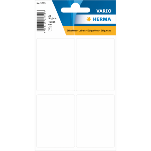 Vario Etiketten von Herma, 28 Stück, 40x55 mm, auf einer Blisterkarte, mit leerem Platz für Beschriftungen.