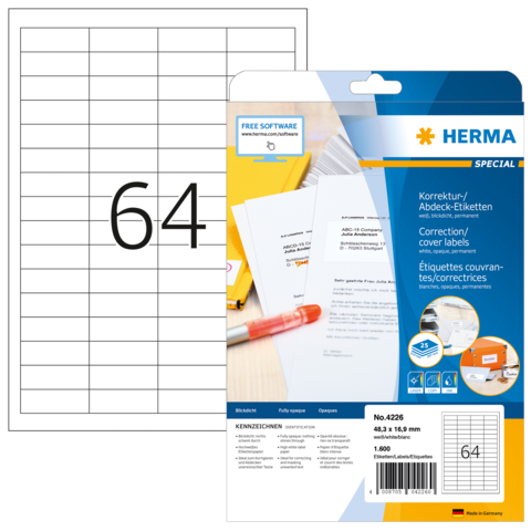Korrektur- und Abdecketiketten von Herma, Packung mit 64 Etiketten, inklusive Softwarehinweis.
