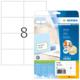 Etikettenblatt mit acht leeren Etiketten und Verpackung von HERMA, die die Verwendung von kostenlosen Software zur Gestaltung anzeigt.
