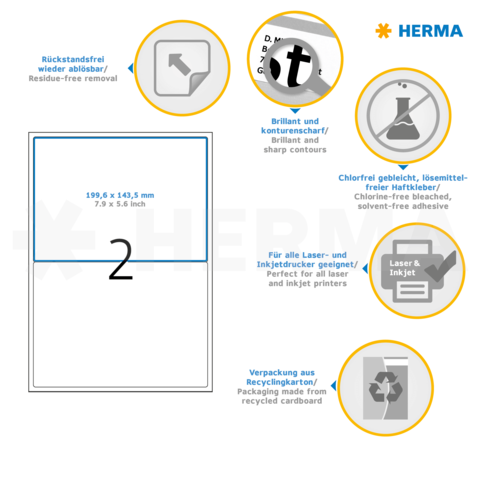 Klebefolie mit Maßangaben, Eigenschaften wie rückstandsfreies Entfernen, chlorfreier Kleber und Recyclingverpackung. Geeignet für Laser- und Inkjetdrucker.