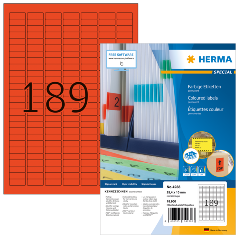 Rote Etiketten auf einem Bogen mit der Nummer 189, verpackt in einer transparenten Hülle. Enthält Informationen zu Software und Anwendung.