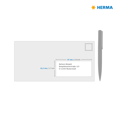 Briefumschlag mit Adresse für Barbara Beispiel, einschließlich Maßangaben für die Adressierung. Logo von HERMA in der oberen rechten Ecke.