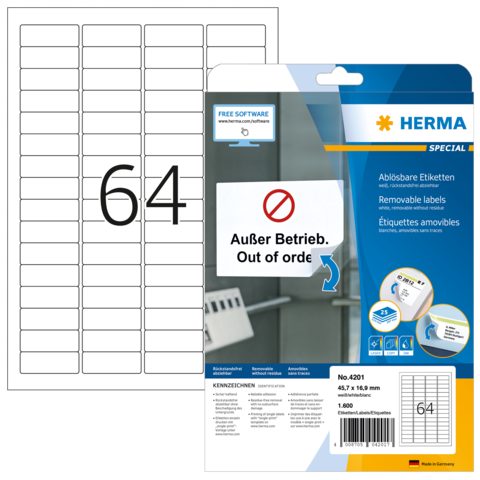 Packung mit ablösbaren Etiketten von Herma, Größe 64, für verschiedene Anwendungen. Enthält 1.800 Etiketten auf einem Bogen.