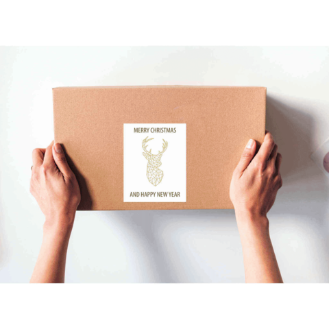 Eine Person hält ein braunes Paket mit einem Etikett, das "Frohe Weihnachten und ein glückliches neues Jahr" zeigt, dekoriert mit einem Geweih.