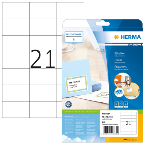 Etikettenpackung von Herma mit der Nummer 6834, enthält 210 Etiketten in der Größe 70 x 42,3 mm. Auf dem Etikett steht "MR. SUNNY".