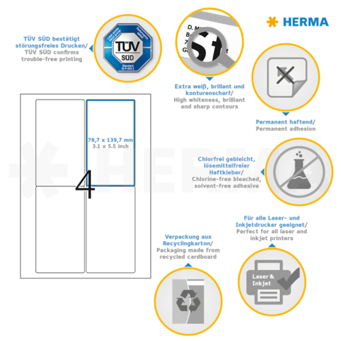 Etikettbeskrivning med tekniska detaljer: Mått 78,7 x 139,7 mm, permanent klibbig, klorfri, lämplig för laser- och bläckstråleskrivare.