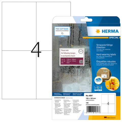 Packung mit strapazierfähigen Etiketten von Herma, Größe 105 x 148 mm, enthält 100 Etiketten. Hinweise zur Software und Nutzung sind vorhanden.