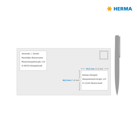 Briefbeschreibung einer Postkarte mit Absender- und Empfängerdaten sowie Maßangaben für die Adresse. Oben rechts ist ein Platz für eine Briefmarke.