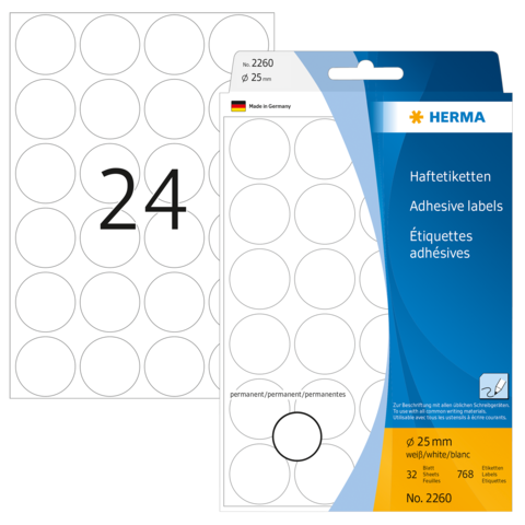 Haftetiketten in Weiß, Durchmesser 25 mm, 32 Stück pro Bogen, verpackt in einer transparenten Hülle mit der Nummer 2260.