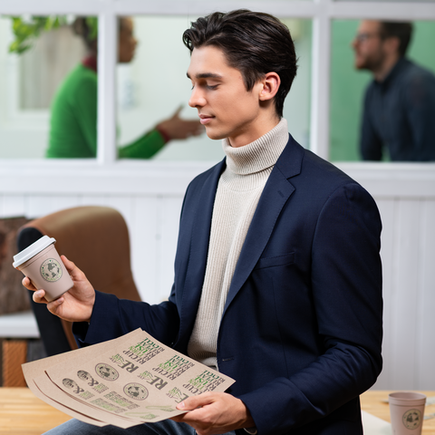 En ung man i en blazer håller en kaffekopp och en mapp med dokument. I bakgrunden syns två personer som samtalar.