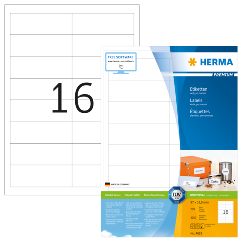 Etikettenblatt mit der Nummer 16, präsentiert von HERMA, zeigt die Produktdetails und Anwendungsinformationen.