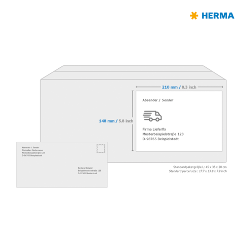 Versandkarton mit Abmessungen und Adressfeld für den Absender. Enthält Informationen zu Standardpaketgrößen und Versanddetails.