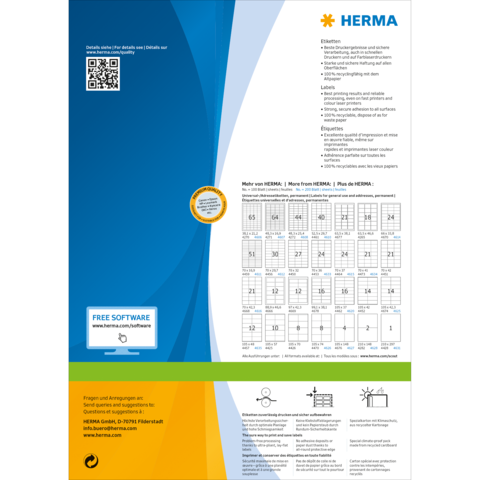 HERMA Produktinformation mit QR-Code, Softwarehinweis und einer Tabelle für Etikettenformate. Informationen zu HERMA und deren Angeboten.