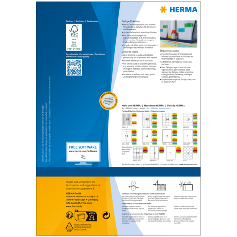 Produktinformation från HERMA, inklusive QR-kod, programvaruanvisningar och färgkoder för etiketter.