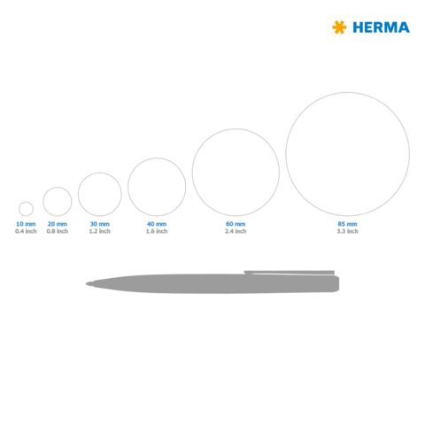 Kreise in verschiedenen Größen von 10 mm bis 85 mm, neben einem grauen Stift zur Größenreferenz.