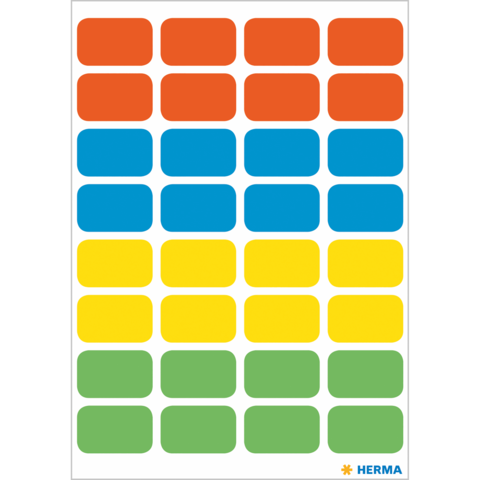 Bunte Aufkleber in rechteckiger Form, angeordnet in Reihen mit orange, blau, gelb und grün. Hersteller: HERMA.