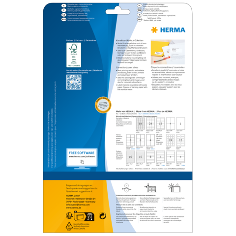 Rückseite einer Verpackung für HERMA Etiketten mit Informationen zu Software, Anwendungshinweisen und Etikettenformaten.