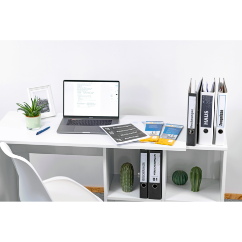Schreibtisch mit Laptop, Dokumenten und Aktenordnern. Eine Pflanze und zwei dekorative Objekte ergänzen die Büroeinrichtung.