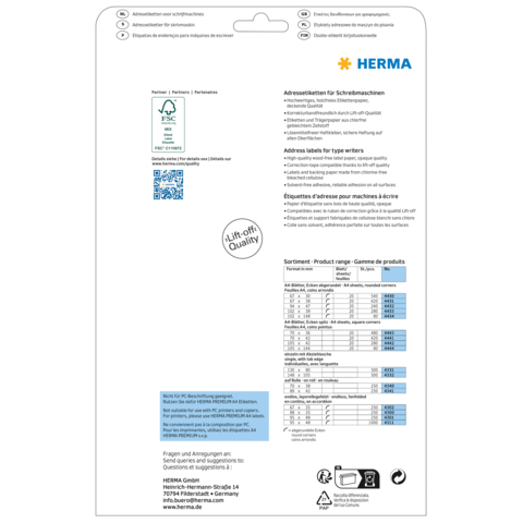 Adressetiketten für Schreibmaschinen von HERMA, inklusive Produktinformationen und QR-Code. Rückseite mit Sortimentsübersicht.