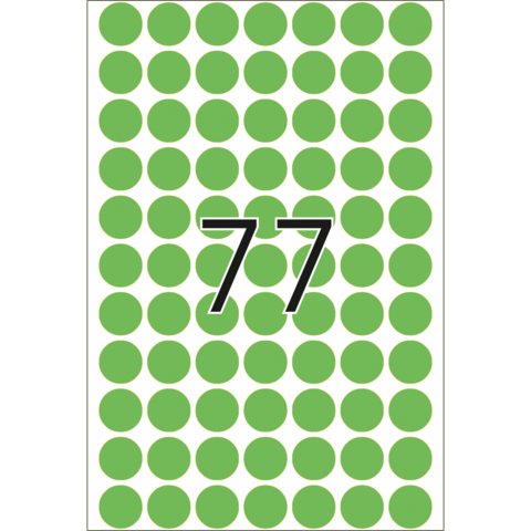 Eine große Zahl "77" in schwarzer Schrift, umgeben von vielen grünen Punkten auf weißem Hintergrund.