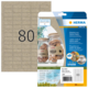 Etikettenbogen mit 80 selbstklebenden Etiketten aus Silphie-Papier, geeignet für verschiedene Anwendungen, inklusive Beispielbilder von Keksgläsern.