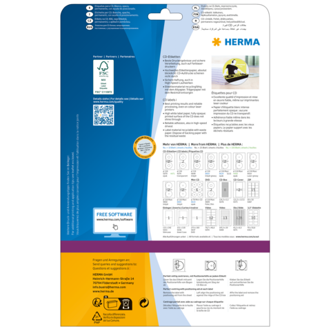 Rückseite einer Verpackung für CD-Etiketten von HERMA mit Anleitungen, QR-Code und Informationen zur Software.