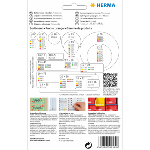 Produktübersicht mit verschiedenen Etikettenformaten und Anwendungshinweisen von HERMA. Enthält QR-Code und mehrsprachige Informationen.