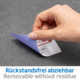 Eine Hand zieht einen abziehbaren Aufkleber mit der Aufschrift "Rückstandsfrei abziehbar" von einer grauen Oberfläche.