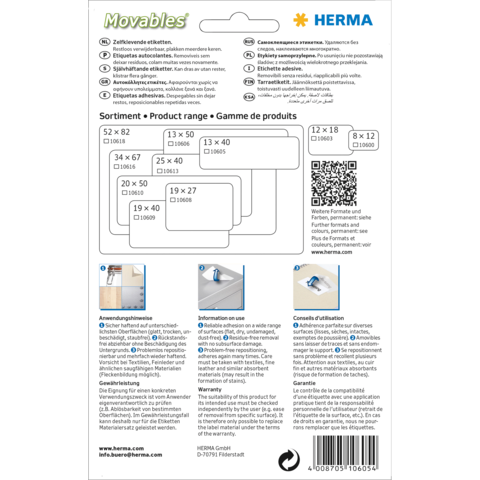 Sortiment von Etiketten in verschiedenen Größen, einschließlich Anwendungsanleitungen und QR-Code für weitere Informationen.
