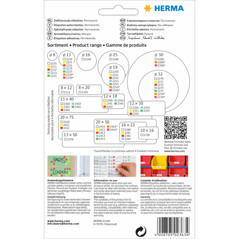 Produktübersicht mit verschiedenen Etikettenformaten und Anwendungshinweisen von HERMA, einschließlich QR-Code für weitere Informationen.