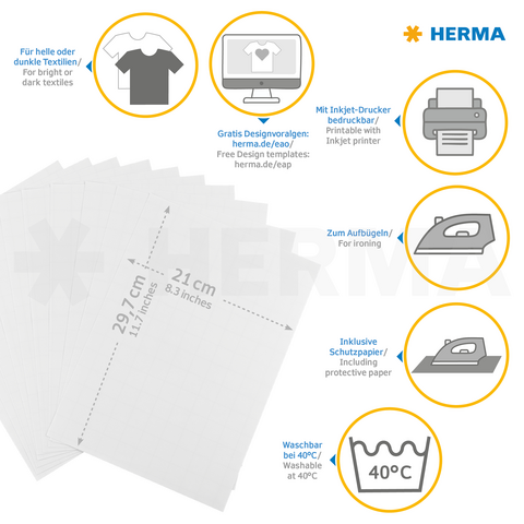 Överföringspapper för textilier, tryckbart med bläckstråleskrivare. Innehåller skyddspapper, tvättbart vid 40°C, lämpligt för både ljusa och mörka tyger.